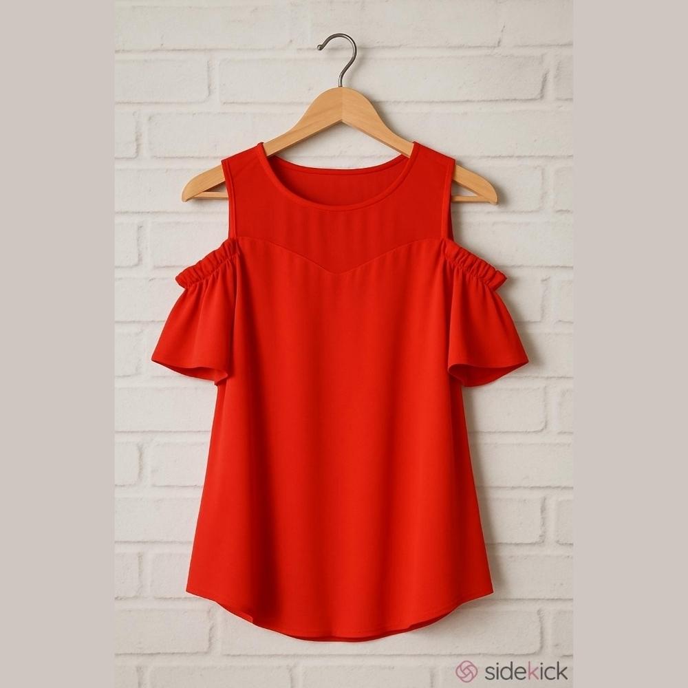 Monteau Los Angeles Red Cold Shoulder Blouse Ruffle Sleeve Top Size M